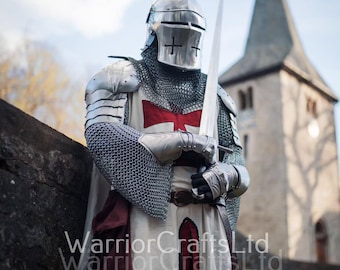Medieval Knight Armor Templar Red Cross Costume Replica Chainmail Dress & Helmet Historical Battle Gear With Armor Cape