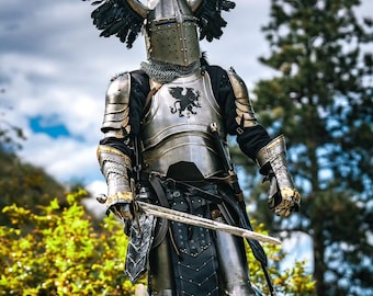 Elite Templar Griffin Knight Armor Set | Full Steel Medieval Suit with Horned Helmet & Black Plumes | LARP, Cosplay, Display