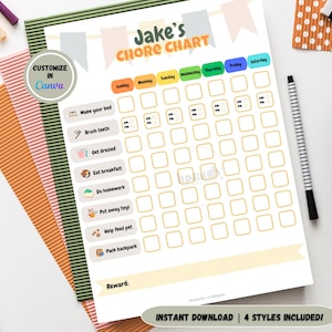 Puede incluir: Un gráfico de tareas imprimible titulado "Jake's CHORE CHART" con espacios para tareas diarias como hacer la cama y cepillarse los dientes. El gráfico incluye una sección de recompensa y está decorado con pancartas y texto coloridos.