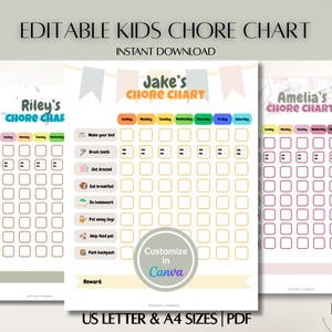 Puede incluir: Tres tablas de tareas para niños imprimibles con encabezados coloridos. Cada tabla está personalizada con el nombre de un niño e incluye listas de verificación de tareas diarias. Las tablas están diseñadas para descarga instantánea y personalización en Canva.