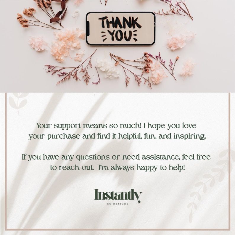 May include: A smartphone displays the words "THANK YOU" in black. The phone is surrounded by dried flowers and petals in shades of pink and brown, arranged on a white background.