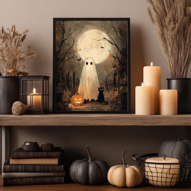 ghost picture, ghost painting, whimsigoth décor, ghost poster, vintage ghost print, Ghost printable art, ghost print, Halloween poster, Halloween artwork, ghost pumpkin art, ghost wall art, whimsical Halloween, dark cottagecore art, Halloween decor, instant download, digital download, jpg, halloween printable, halloween black cat, spooky cute goth printable poster, Vintage Halloween Wall Art with Black Cat, Jack-o’-Lantern & Full Moon