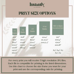 May include: Print size options chart with various aspect ratios and dimensions, including 4x6 inches to 20x28 inches. The chart also lists ISO A sizes. Text at the bottom explains the included high-resolution JPG files.