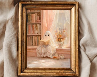 Coquette Ghost Picture, Pastel Halloween Librariancore Bookish Wall Art, Cute Ghost Painting Printable Art Booklover Gift, Library Painting
