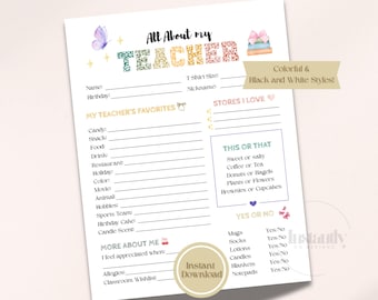 All About My Teacher Printable, Teacher Favorite Things List, Worksheet Get to Know The Teacher Survey, Meet the Teacher Questionnaire