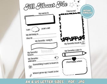 Kids All About Me Printable Worksheet, Get to Know Me Homeschool Resource Questionnaire, Favorites Things List, All About Me Student Survey