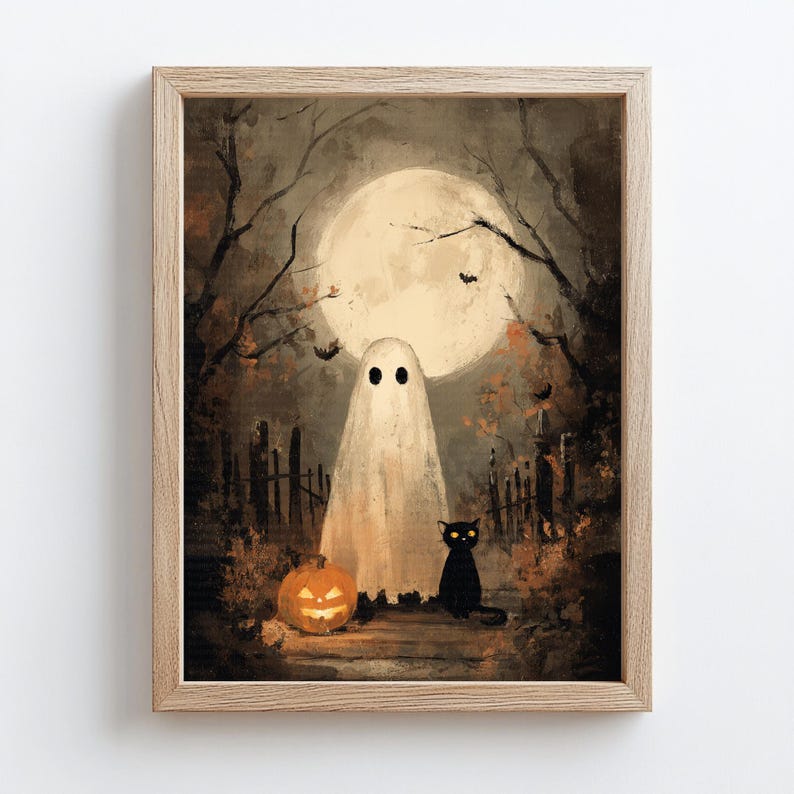 ghost picture, ghost painting, whimsigoth décor, ghost poster, vintage ghost print, Ghost printable art, ghost print, Halloween poster, Halloween artwork, ghost pumpkin art, ghost wall art, whimsical Halloween, dark cottagecore art, Halloween decor, instant download, digital download, jpg, halloween printable, halloween black cat, spooky cute goth printable poster, Vintage Halloween Wall Art with Black Cat, Jack-o’-Lantern & Full Moon
