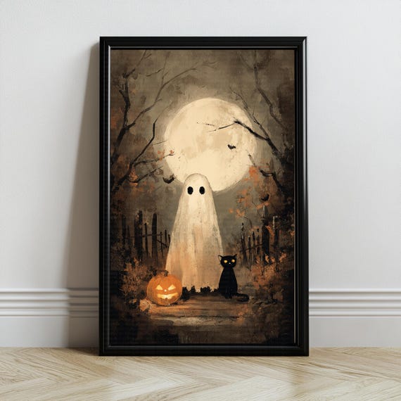 Ghost Picture With Pumpkin and Black Cat Wall Art, Whimsigoth Decor Painting, Dark Cottagecore Art Ghost Painting, Whimsical Halloween Decor