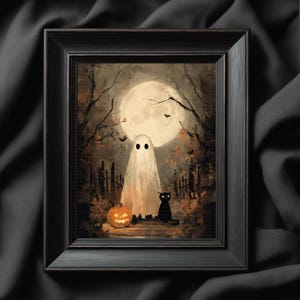 ghost picture, ghost painting, whimsigoth décor, ghost poster, vintage ghost print, Ghost printable art, ghost print, Halloween poster, Halloween artwork, ghost pumpkin art, ghost wall art, whimsical Halloween, dark cottagecore art, Halloween decor, instant download, digital download, jpg, halloween printable, halloween black cat, spooky cute goth printable poster, Vintage Halloween Wall Art with Black Cat, Jack-o’-Lantern & Full Moon