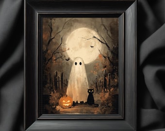 Ghost Picture with Pumpkin and Black Cat Wall Art, Vintage Style Spooky Ghost Art, Whimsigoth Decor Ghost Painting, Autumn Ghost Art Poster