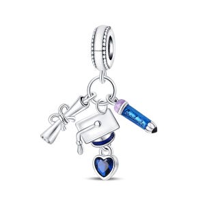 Dije de graduación en plata 925: diploma, birrete de doctorado, corazón y lápiz, regalo de graduación