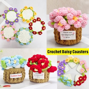 Personalisierte häkeln Gänseblümchen Untersetzer mit Topf, Überraschungs-Untersetzer, Mini Gänseblümchen Bouquet, häkeln Blumentopfuntersetzer, Wohnkultur, niedliche Geschenke für sie