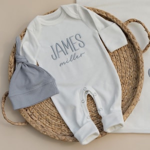 Baby Boy Coming Home Outfit Embroidered, Baby Boy Gift for Baby Shower, Baby Boy Romper and Hat Set with Matching Blanket Personalized