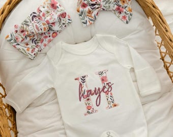 Newborn Baby Girl Coming Home Outfit Embroidered, Gift for Baby Girl, Personalized Newborn Baby Girl Outfit, Baby Girl Gift Set