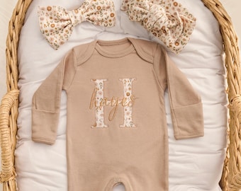 Baby Girl Coming Home Outfit Beige, Baby Shower Gift, Newborn Baby Girl Outfit Floral Personalized, Baby Girl Hospital Going Home Outfit