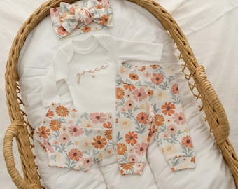 Newborn Girl Coming Home Outfit Organic Cotton Floral Set