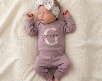 Newborn Baby Girl Coming Home Outfit Mauve Floral Embroidered Romper Personalized Baby Shower Gift