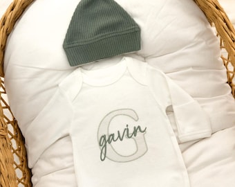 Newborn Baby Boy Hospital Outfit Embroidered Organic Cotton Baby Boy Romper & Hat