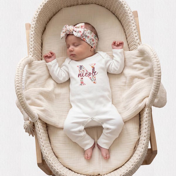 Embroidered Organic Cotton Newborn Baby Girl Coming Home Outfit, Personalized Romper Set