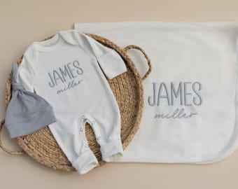 Embroidered Baby Boy Romper Hat Blanket Set, Personalized Organic Cotton Coming Home Outfit