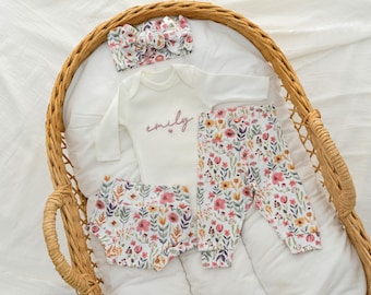 Floral Newborn Baby Girl Hospital Outfit, Personalized Name Bodysuit
