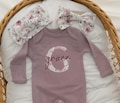 Newborn Baby Girl Coming Home Outfit Mauve Floral Embroidered Romper Personalized Baby Shower Gift