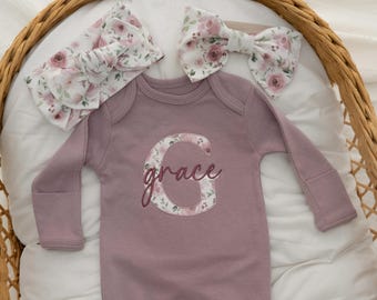 Newborn Coming Home Outfit Baby Girl, Mauve Floral, Personalized Newborn Baby Girl Outfit, Gift for Baby Girl, Embroidered Baby Girl Gift