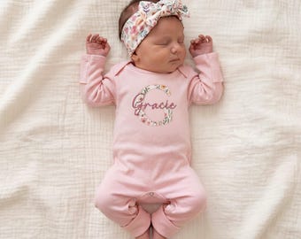 Pink Newborn Baby Girl Coming Home Outfit Baby Shower Gift Floral Embroidered Romper Personalized