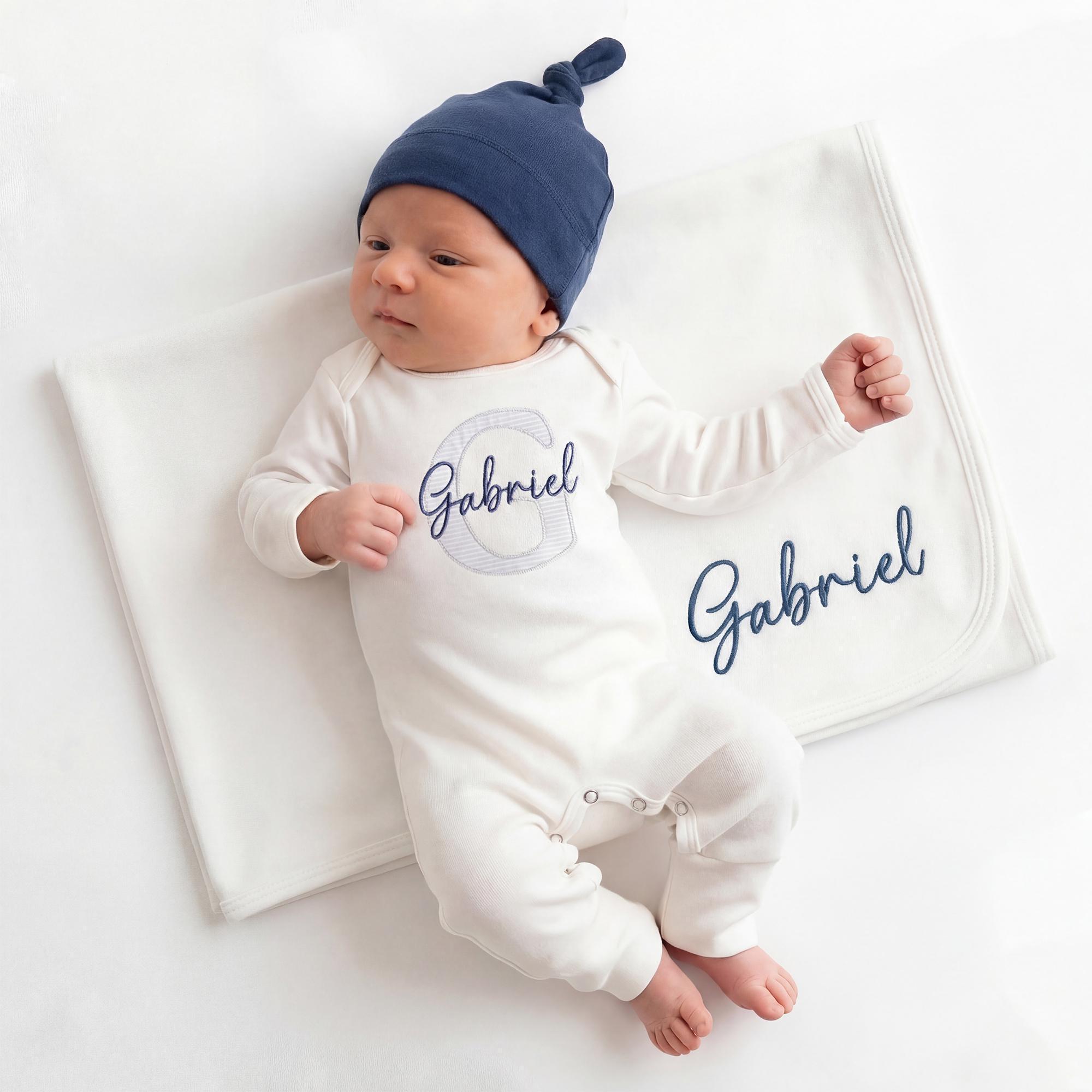 Embroidered Newborn Baby Boy Outfit Cotton Personalized Baby Romper Hat and Blanket Navy
