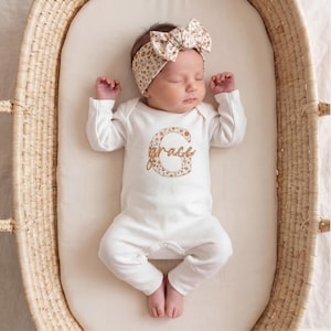 Personalized Newborn Baby Girl Coming Home Outfit, Organic Cotton Hospital Set, Monogrammed