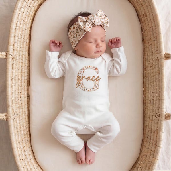 Personalized Newborn Baby Girl Coming Home Outfit, Organic Cotton Hospital Set, Monogrammed