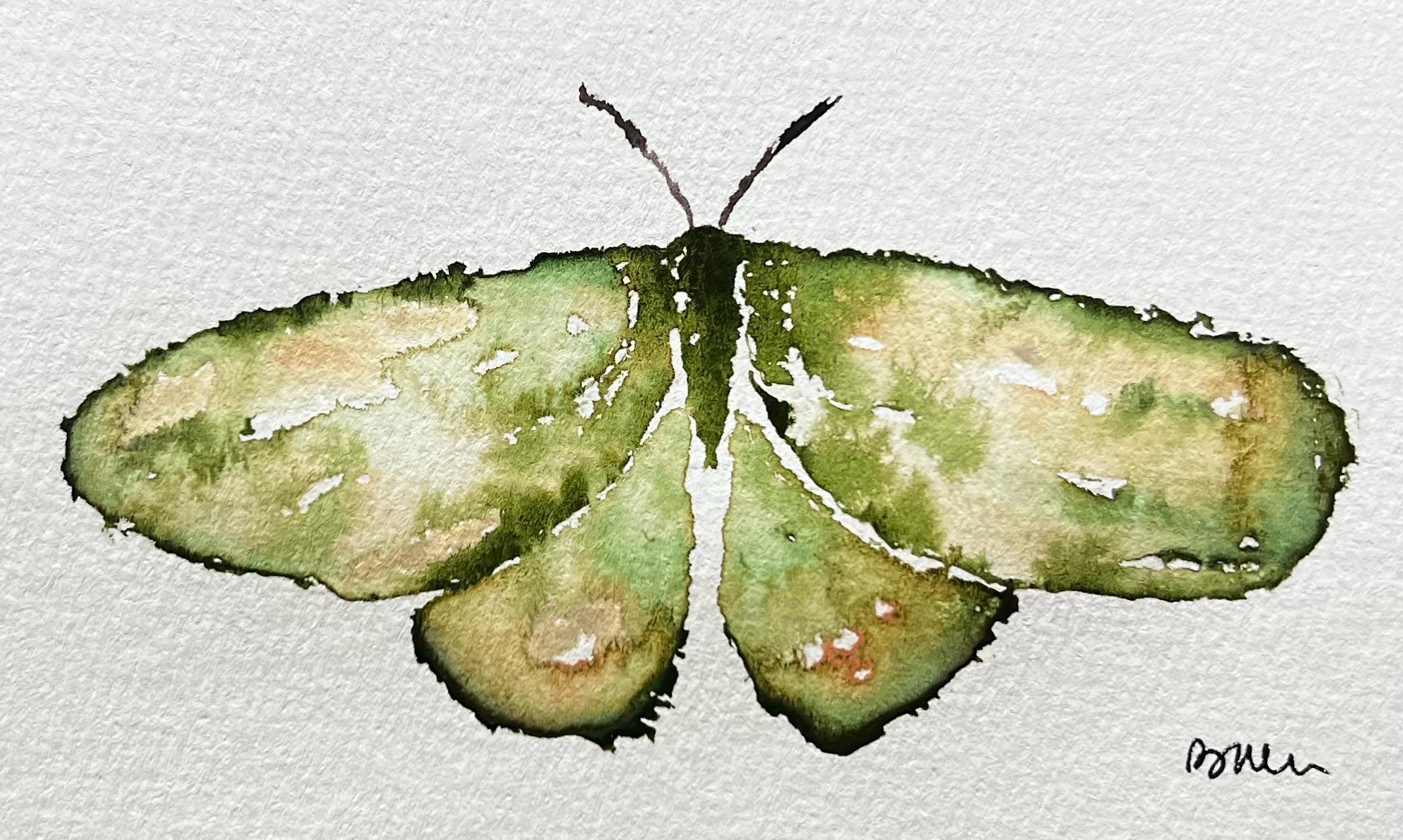 Green moth #2 original watercolor painting 5”x 7” unframed.