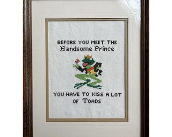 Vintage Framed Needlepoint,  Handsome Frog Prince, Retro Whimsy Charm