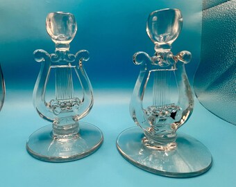 Pair of Vintage Art Deco Lyre Candlesticks | 7” Paden City Glass Candle Holders | 1940s Elegant Depression Glass Decor