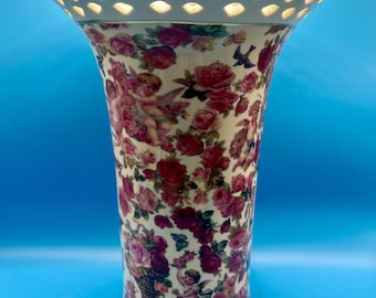 Vintage Baum Brothers Cherub Chintz Rose Floral Vase – Pierced Lattice Porcelain Decor