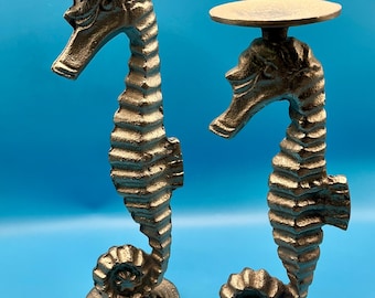 Vintage Cast Metal Seahorse Candlesticks pair- Coastal Nautical Candle Holders Mid C Style Beach House decor