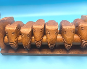 Vintage Hand-Carved Wooden Elephant Napkin Rings – Philippines, Set of 6