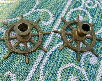 Vintage Brass Nautical Ship Wheel Candlestick Holders – Set of 2 Coastal Maritime Decor