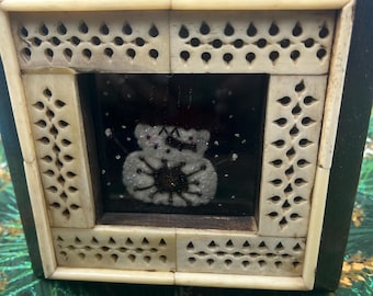 Vintage Indian Bone Inlay Wood Frame, Felted Snowman Art