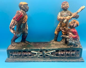 Vintage Cast Iron Baseball Mechanical Bank – “Home Run” Batter Coin Bank – Folk Art Decor