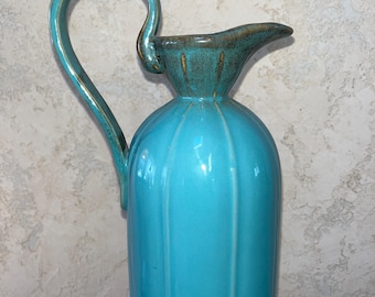 Vintage 16” Tall Ceramic Blue Aqua Pitcher / Vase – Cylindrical with Vertical Ridges