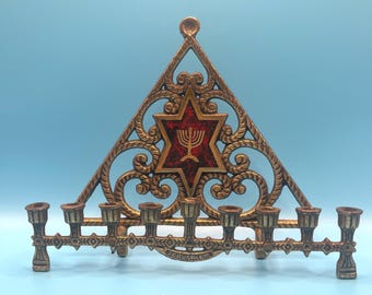 Vintage Jewish Triangular Hanukkah Menorah – Star of David – Jerusalem