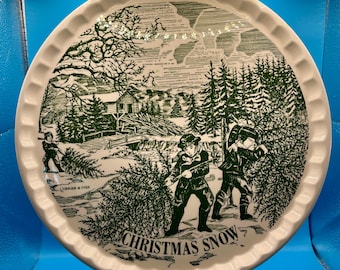 Vintage Currier & Ives Christmas Snow Serving Platter | Blue White Ceramic Holiday Decor