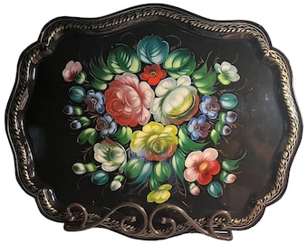 Vintage Zhostovo Tray, Russian Hand-Painted Floral Metal Tray (18"x14")