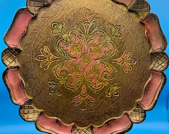 Vintage Hand-Painted Floral Trinket Dish, Italian Florentine Bowl, Pink Gold Scalloped Vanity Dish