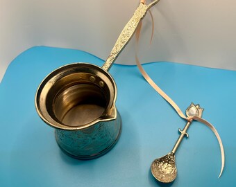 Vintage Turkish Silver-Plated Coffee Pot with Ornate Engraving & Embossed Spoon | Mid-Century Middle Eastern Coffee Server | Boho Decor