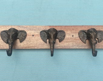 Vintage Triple Elephant Wall Hooks – Wooden Backing, Boho Entryway Decor