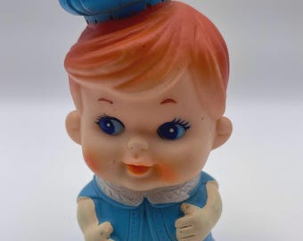 VTG IWAI Industry Rubber Vinyl Squeaky Toy Blue Sitting Baby Boy w/ Hat - Japan