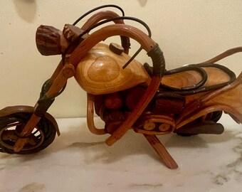 Vintage Hand-Carved Wooden Harley-Davidson Motorcycle Sculpture – Americana Decor, Collectible Biker Gift.