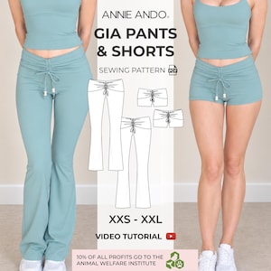 May include: A digital sewing pattern for Gia pants and shorts by Annie Ando, featuring a ruched waistband with a drawstring tie. The design includes technical line drawings for various lengths, sizes XXS to XXL, and a video tutorial icon.